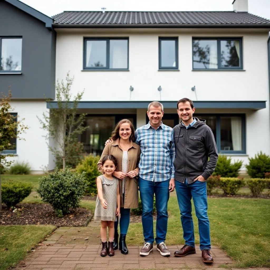 Familie vor einem Eigenheim mit Garten in Deutschland