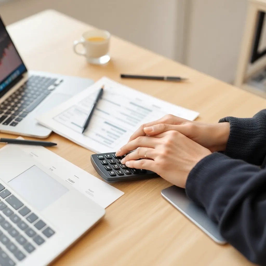 Person analysiert Finanzdokumente am Schreibtisch mit Taschenrechner und Laptop