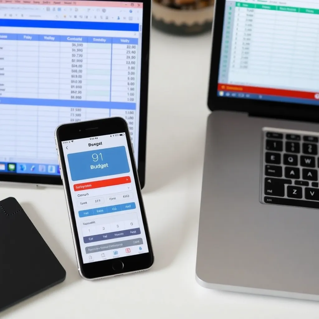 Smartphone mit Budgetierungs-App neben Laptop mit Haushaltsbuch-Tabelle