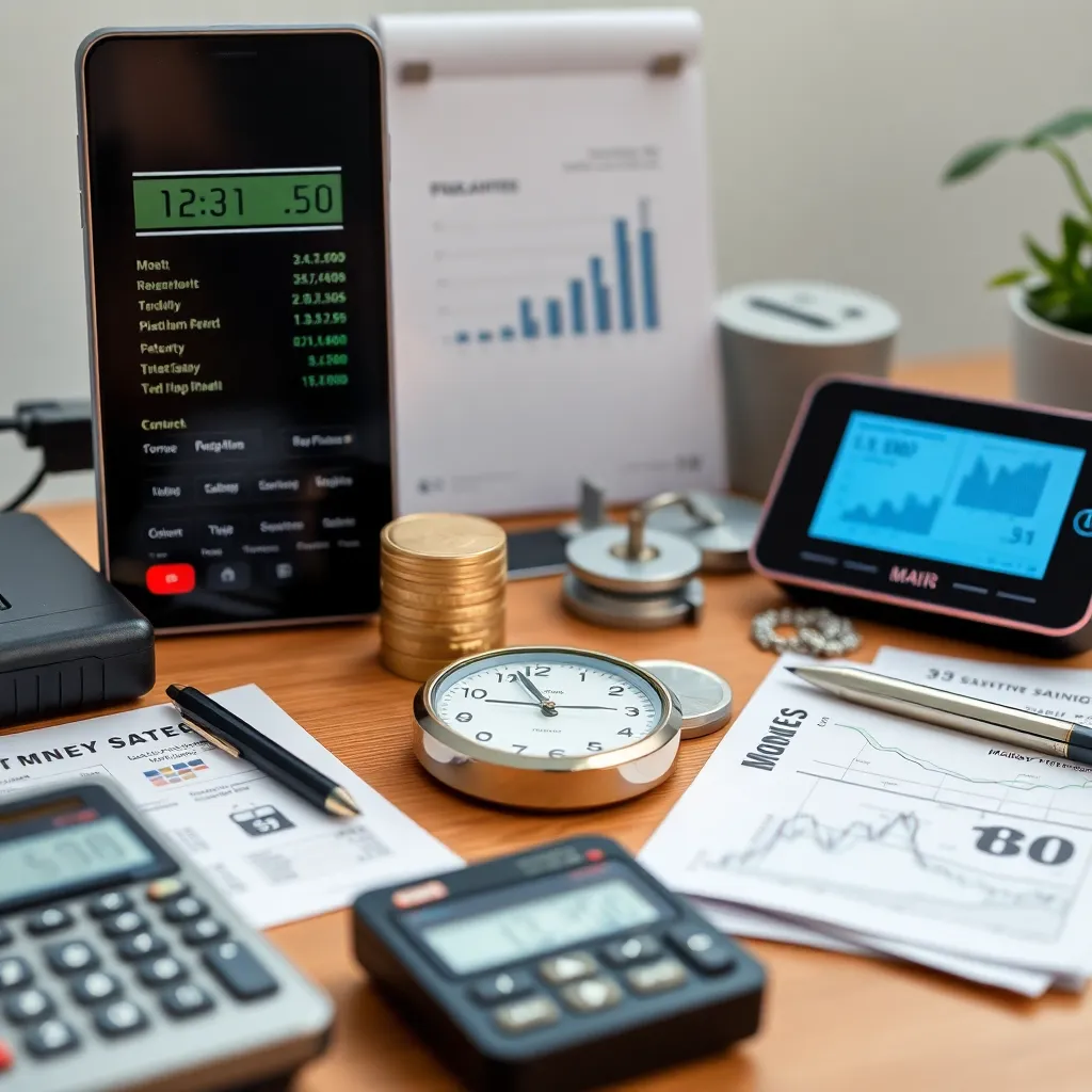 Verschiedene digitale und analoge Finanztools auf einem Schreibtisch