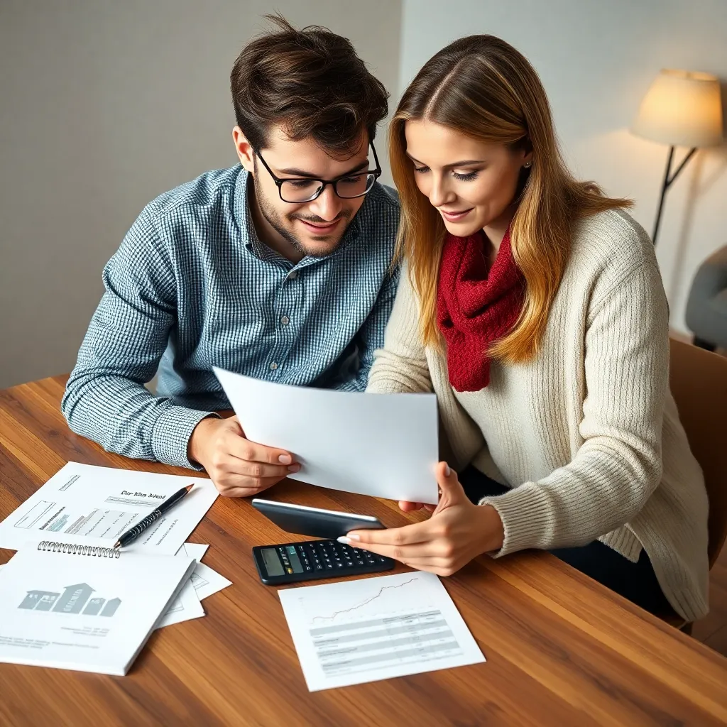 Junges Paar bespricht Finanzierungsplan mit Unterlagen und Taschenrechner